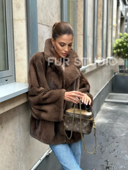 Норковый полушубок с английским воротником - цвет орех - фото 14