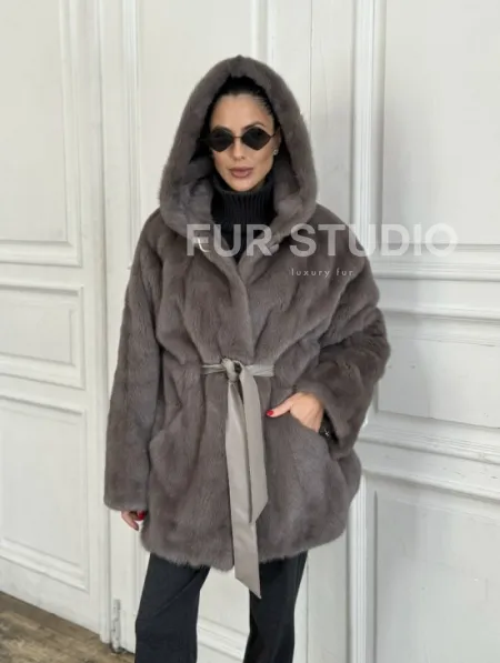 Шуба норковая с капюшоном роспуск - цвет графит - фото 0