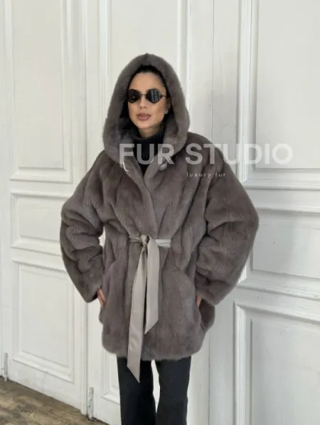 Шуба норковая с капюшоном роспуск - цвет графит - фото 5