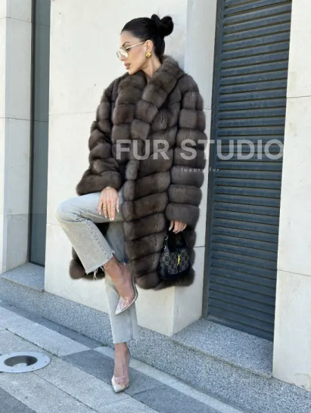 Шуба из меха баргузинского соболя - седина 1, воротник шаль - фото 0