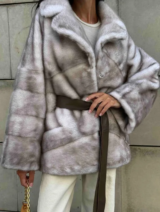 Укороченная шуба из меха норки модель кимоно - цвет колотый лед - фото 4