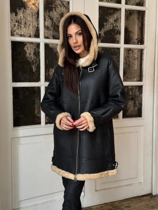 Женская удлиненная дубленка авиатор с отстегивающимся капюшоном - фото 9