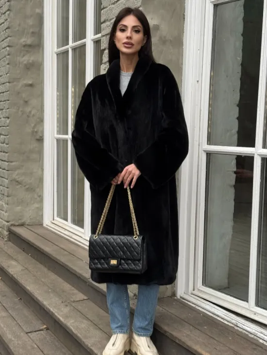 Шуба из норки Black в классической выкладке с воротником стойка-шаль - фото 3