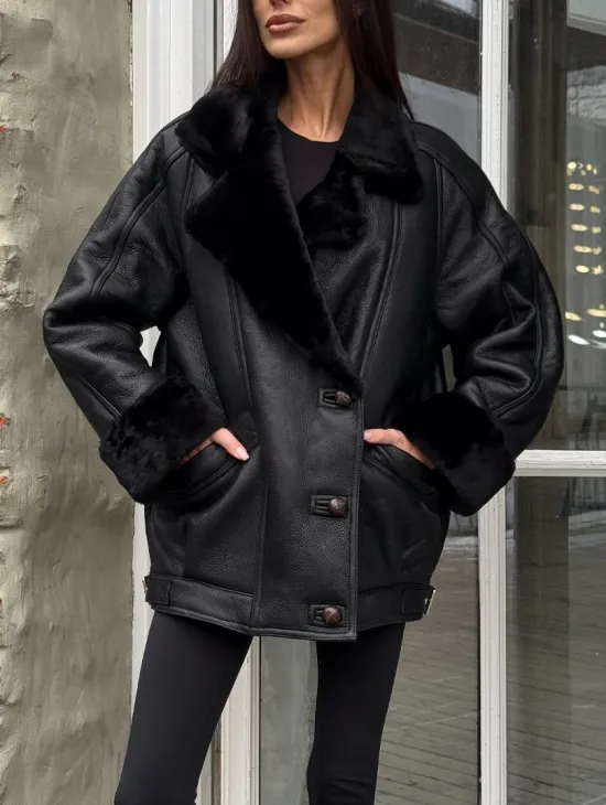 Винтажная куртка - дубленка «Total Black» с английским воротником на пуговицах - фото 3