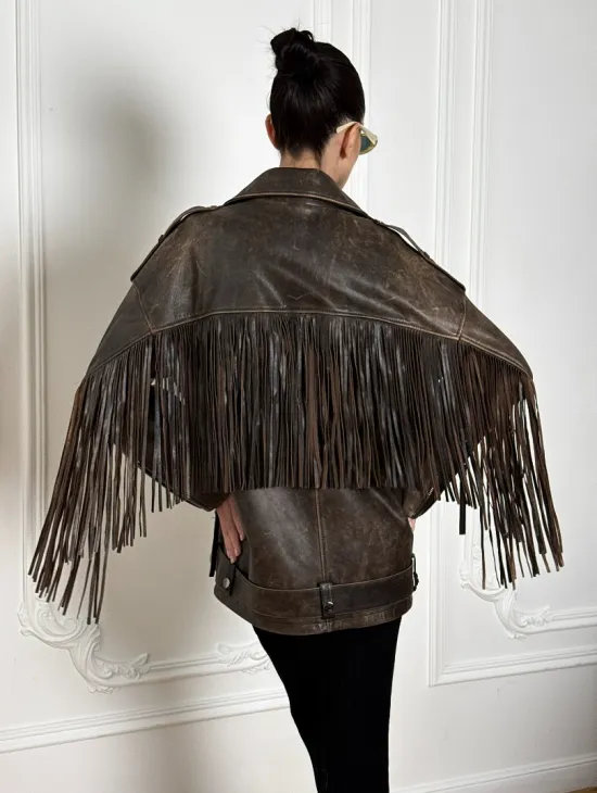 Косуха Vintage brown с кожаной бахромой на спине - фото 2