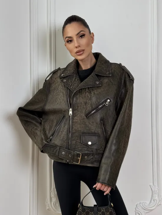 Натуральная женская кожаная косуха в стиле Vintage весна - 2025 - фото 5