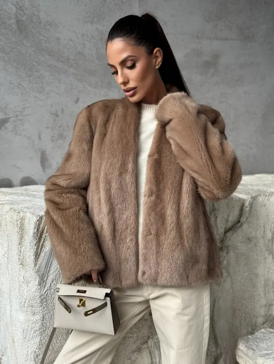 Кроп - жакет из норки Pastel с воротником V-образным 60 см - фото 8