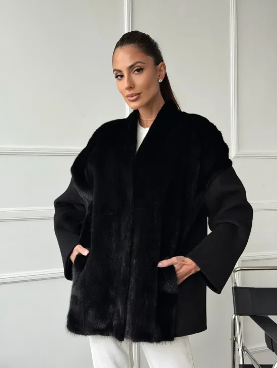 Полупальто демисезонное шерстяное с отделкой из меха норки - фото 7