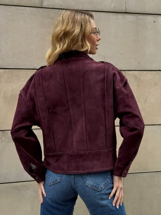 Винтажная женская повседневная куртка из натуральной замши Burgundy - фото 9