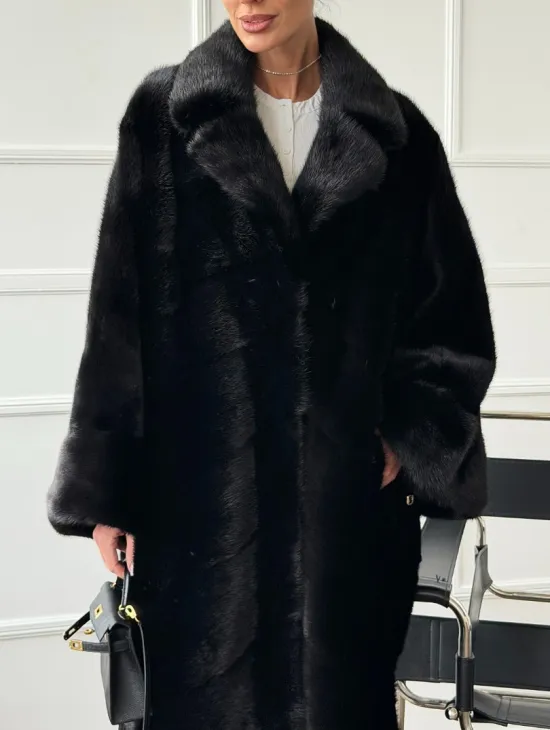 Черное меховое норковое пальто в стиле 