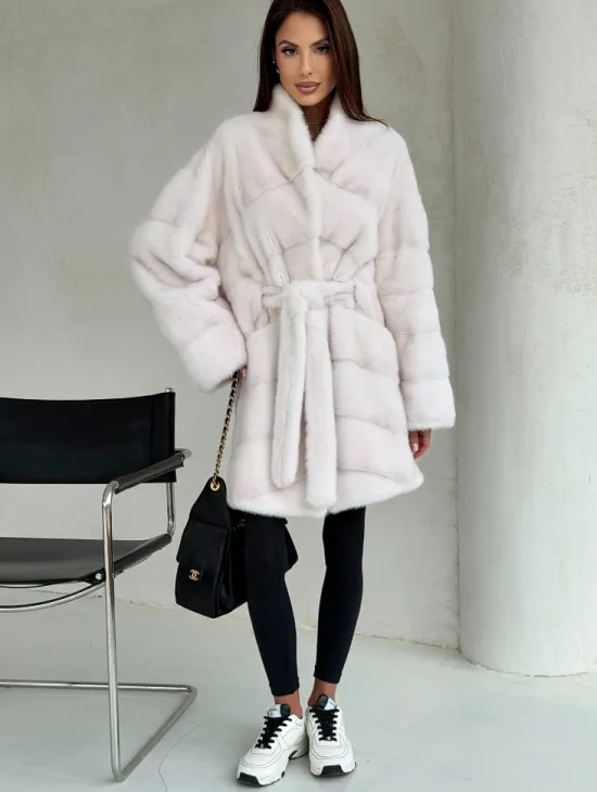 Белая шуба-кимоно, мех норка - фото 5