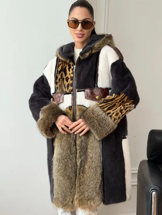 Комбинированная норковая шуба с капюшоном - фото 8