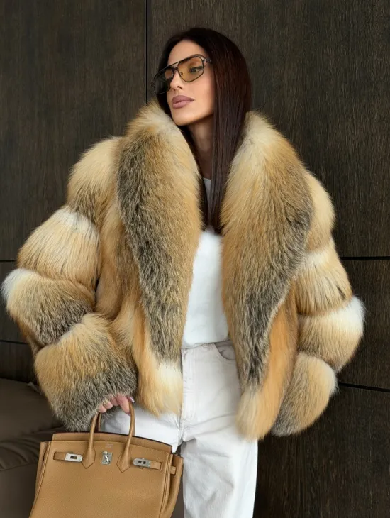 Полушубок-кроп с шалевым воротником из лисы - фото 5