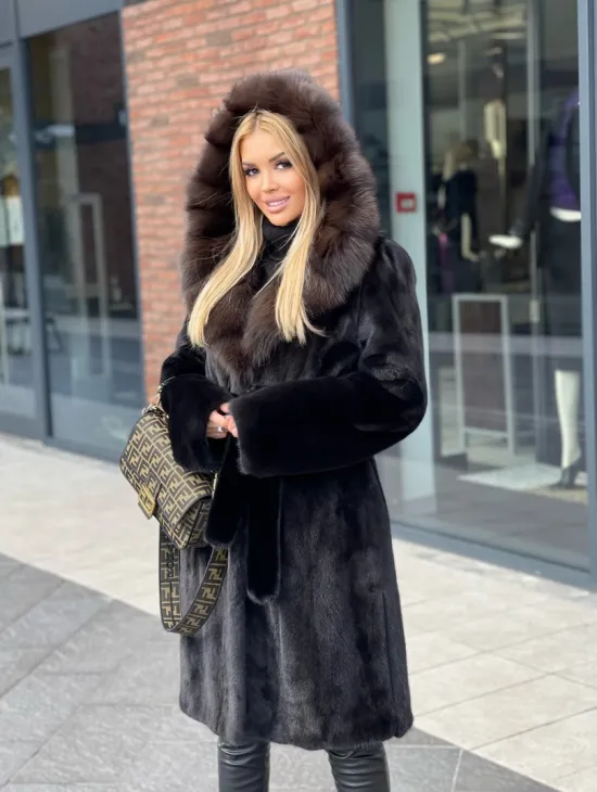 Норковая шуба с капюшоном из меха соболя  седена 1/2 - фото 0