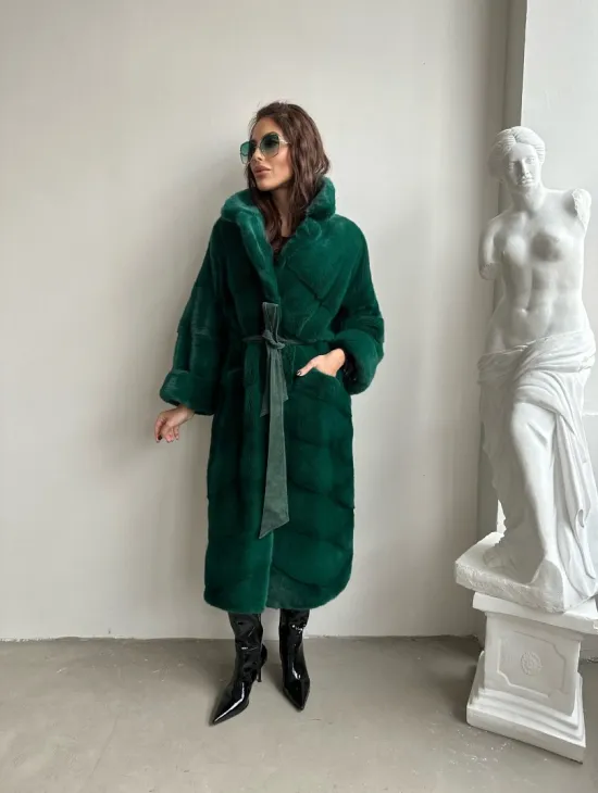 Норковая шуба с английским воротником - цвет изумруд - фото 3