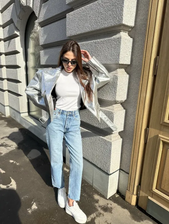 Куртка - косуха из натуральной кожи цвет серебристый - фото 8