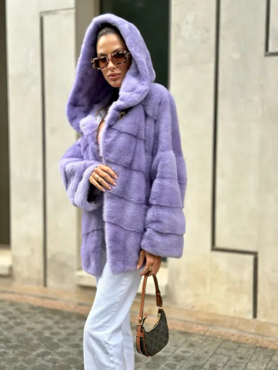 Короткая норковая шуба с капюшоном - цвет лиловый - фото 4