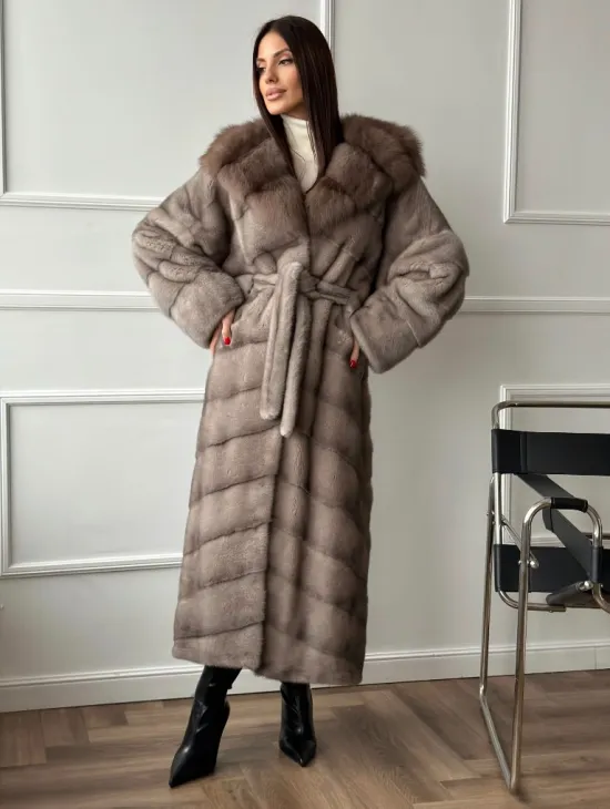 Шуба норковая с капюшоном куница - цвет светло-серый - фото 5