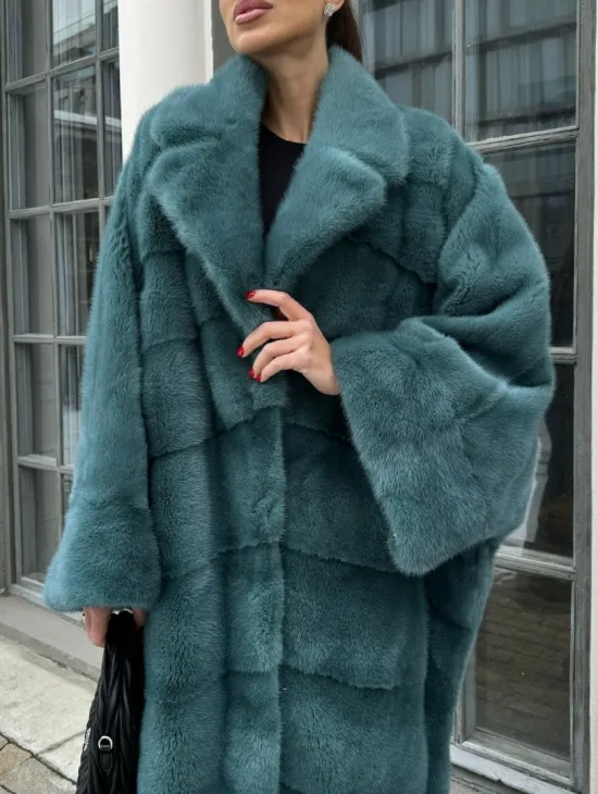 Шуба из меха норки в стиле Oversize - цвет тиффани - фото 2