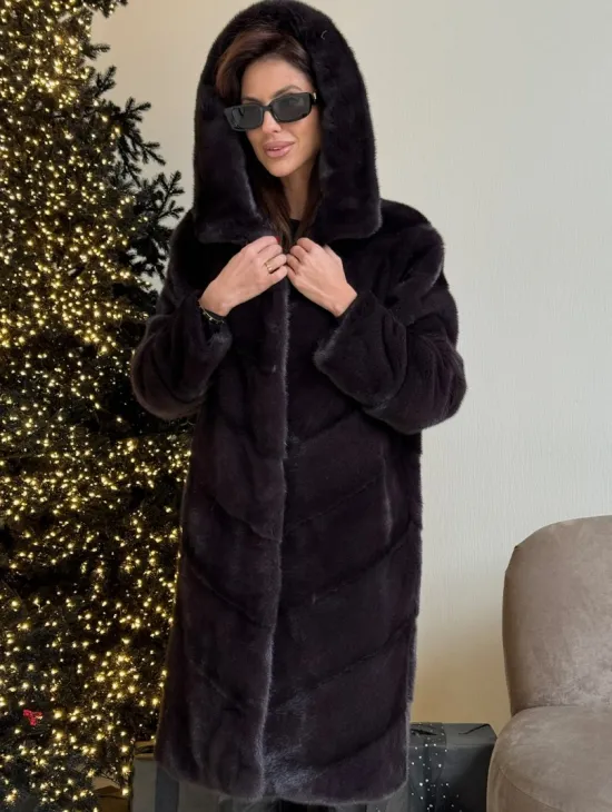 Норковая шуба с капюшоном, паркет - цвет инжир - фото 1