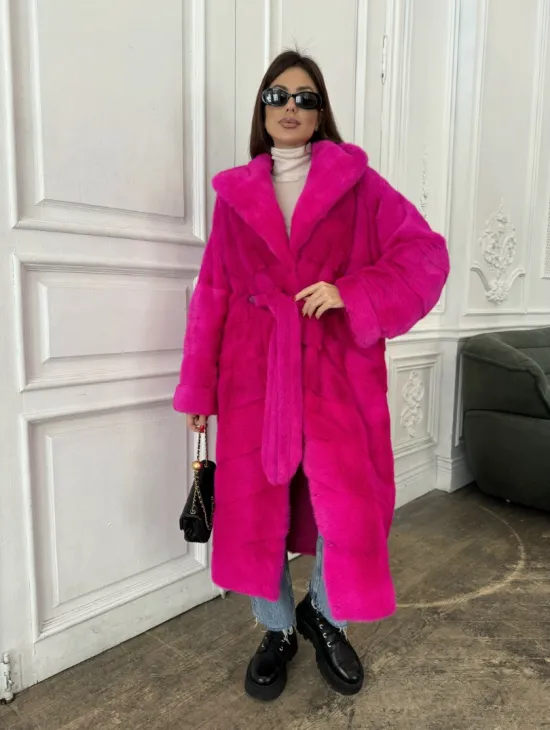 Норка кимоно с капюшоном, паркет - цвет фуксия - фото 2