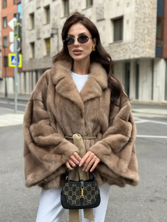 Шуба автоледи из норки цвет бежевый - фото 0