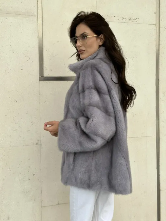 Короткая норковая куртка, стойка воротник - лавандовый оттенок - фото 5