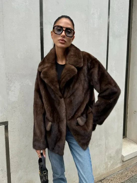Шуба норковая - жакет с английским воротником цвет соболь - фото 11